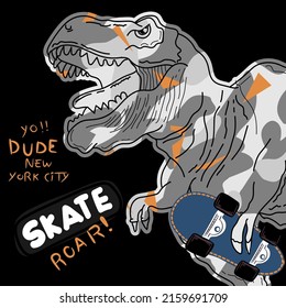 Summer  Illustration Of Dinosaur  T-rex Design Vector Cartoon  Isolated Vector Pattern  Skateboard Red  Kid  Camo Bright Colors  Grey Orange Black Background