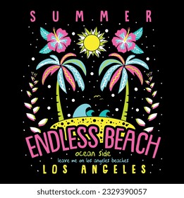 Summer illustration with endless beach slogan. Vector graphic design for t-shirt.