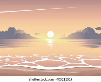 Summer illustration of evening beach at sunset with waves, sun, clouds and a plane flying in the sky, vector summer background, seaside view poster