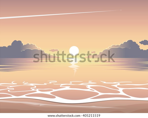 Summer Illustration Evening Beach Sunset Waves Stock Vector Royalty Free 405211519