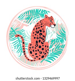 Summer illustration. Fashion t-shirt print. Composition with leopard and palm leaves. Vector illustration on white background. 