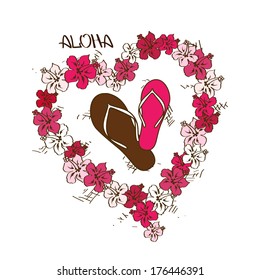 Summer illustration with flip flops and Hawaiian lei flowers garland