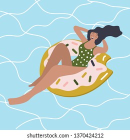 Summer illustration with a floating girl in a donut circle. Resting girl in the pool.