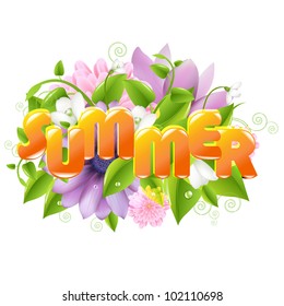 Summer illustration With Flower And Leaf, Isolated On White Background, Vector Illustration