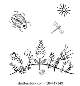 Summer illustration with flowers, beetles and dragonfly.
