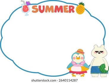 Summer illustration frame material of a polar bear and penguin in swimsuits