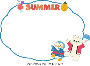 Summer illustration frame material of a polar bear and penguin in kimono