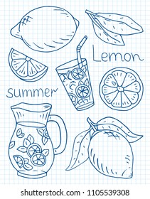 summer illustration of fresh lemonade with juicy lemons