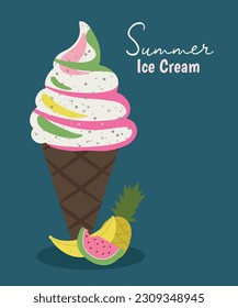 Summer illustration with Fruits Ice Cream cone