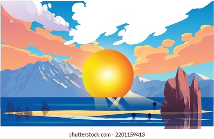 Summer Illustration with FruitsSummer Seaside Landscape Cartoon Illustration