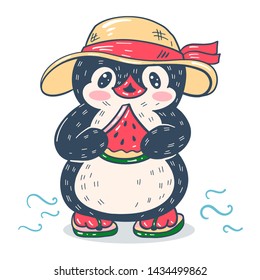 Summer illustration with funny cartoon penguin  with watermelon. Vector.