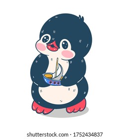 Summer  illustration. Funny cartoon penguin with a toy boat. Vector.