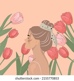 Summer illustration of a girl on a pink background with tulip flowers. A blonde girl with a beautiful hairstyle and a ribbon in her hair. A woman with a beam on her head