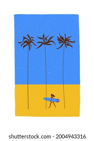 Summer illustration with girl surfer walking with surfboard among the palm trees. Minimalist poster, print or t-shirt design.