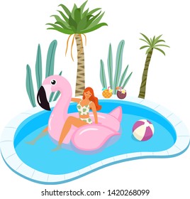 Summer illustration of girl in swimsuit with inflatable pool float relaxing in the pool. Vector template.