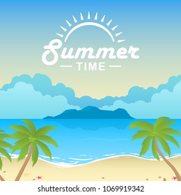 summer illustration with hand drawn panorama of tropical beach vector background, shore illustration with summer hand lettering hipster calligraphy
