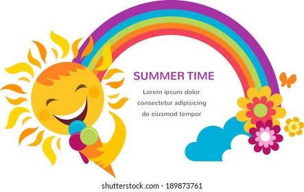 summer illustration of a happy sun eating ice cream  with rainbow and clouds