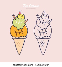 Summer illustration with ice cream for basketball, contour. Print for a children's T-shirt, poster, postcard. 