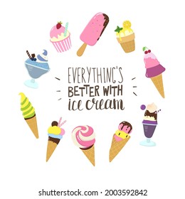 Summer illustration with ice cream. Ideal for posters, greeting cards, prints for clothes, notebooks, mugs, for stickers, banners, booklets, posts.