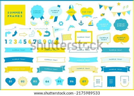 Summer illustration icon, frame and ribbon design set. Open path available. Editable. Vector, banner, speech bubble, simple, templates