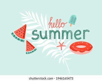 Summer illustration with inscription hello summer, pieces of watermelon, starfish, ice cream, inflatable circle, palm leaf on a blue background