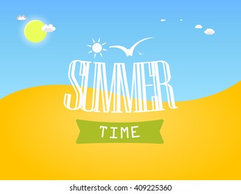 Summer illustration with inscription Summer Time, sun on blue sky with clouds and birds