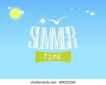 Summer illustration with inscription Summer Time, sun on blue sky with clouds and birds