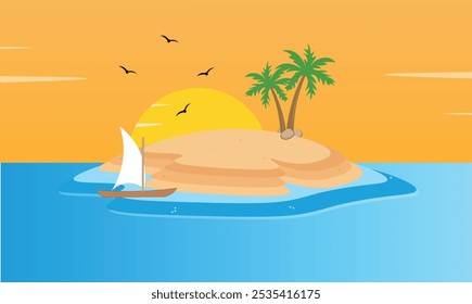 Summer illustration with island and coconut tree beautiful design.