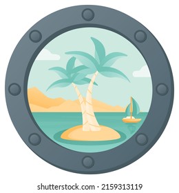 Summer illustration of island view with two palmas from the sea ship illuminator.