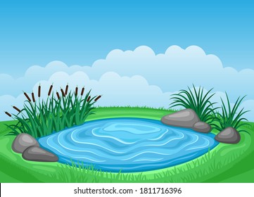 Summer illustration landscape with pond and reeds.