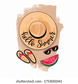 summer illustration with lettering "hello summer" in vector. summer accessories glasses, flip flops, hat, watermelon in the sand. for posters and cards