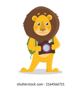 Summer illustration: a lion with a backpack on a tourist vacation, holding a camera. On vacation, on the beach or in the pool.
