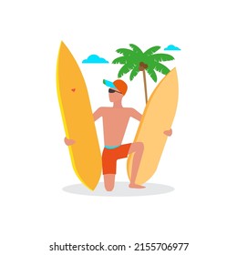 Summer illustration of a man with surfboards