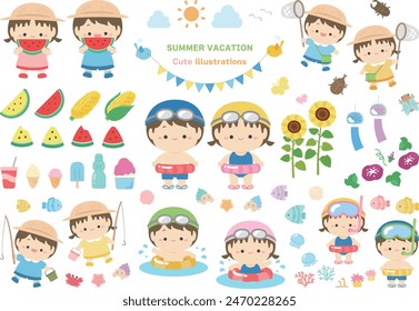 Summer Illustration Material Set, Vector Illustration of Kids and Food and Nature