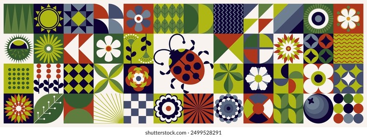 Ilustración de verano. Patrón floral geométrico mínimo. Estilo escandinavo. Un conjunto de Formas de mosaico. Vector de estilo plano con elemento forestal y mariquita, bayas silvestres, arándanos, mariquita, hojas.