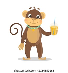 Summer illustration: a monkey stands and holds a cold drink in his hand: lemonade, juice or something else. On vacation, on the beach or in the pool.