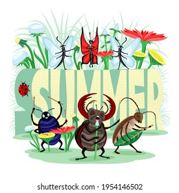 Summer illustration with musical group of insects beetles and butterflies on white background.