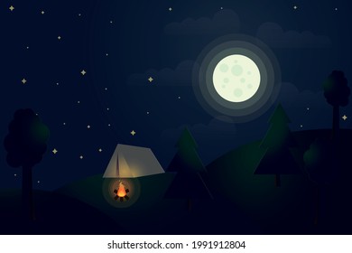 Summer illustration, night rest in nature. The tourist tent stands on the green grass, near the trees. The moon is shining on the tent, and a bonfire is burning.A day off in nature with a starry sky