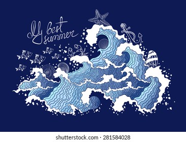 Summer illustration of ocean waves and marine life. Isolated on a deep blue background.