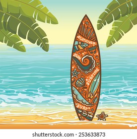 Summer illustration with orange surfboard on a beach and blue sea. Vector holidays.