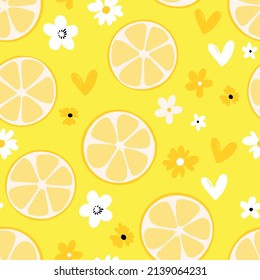 Summer illustration with oranges and lemons. Seamlees pattern with colorful fruits on color background. Food concept. Template design for invitation, poster, card, fabric, textile.