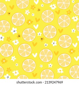 Sommerkunst mit Orangen und Zitronen. Nahtloses Muster mit bunten Früchten auf buntem Hintergrund. Lebensmittelkonzept. Template Design für Einladung, Poster, Karte, Stoff, Textilien.