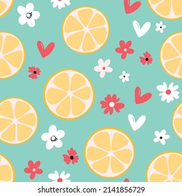 Summer illustration with oranges and lemons. Seamlees pattern with colorful fruits on color background. Food concept. Template design for invitation, poster, card, fabric, textile.