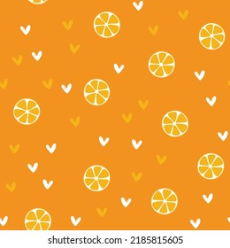 Summer illustration with oranges and lemons. Seamlees pattern with colorful fruits on color background. Food concept. Template design for invitation, poster, card, fabric, textile.