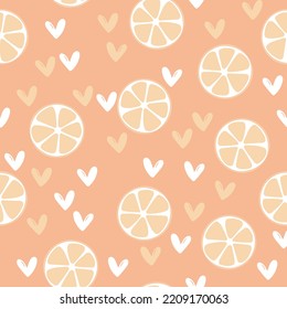 Summer illustration with oranges and lemons. Seamlees pattern with colorful fruits on color background. Food concept. Template design for invitation, poster, card, fabric, textile.
