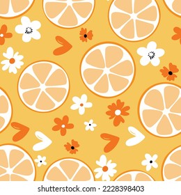 Summer illustration with oranges and lemons. Seamlees pattern with colorful fruits on color background. Food concept. Template design for invitation, poster, card, fabric, textile.
