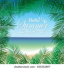 Summer illustration. Palm leaves frame on beach and sea background.