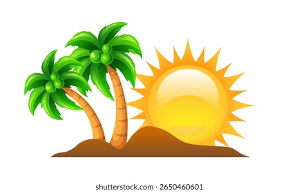 Ilustración de verano. Palmera, sol y arena. Ilustración vectorial.