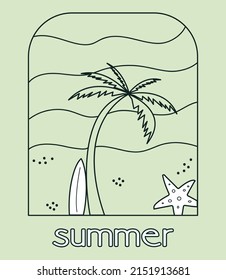 Summer illustration with a palm tree and a surfboard on the background of water. Vector illustration for labels, prints on clothes, posters and other purposes.