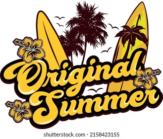 summer illustration with palm trees some surf birds in silhouette and flowers.